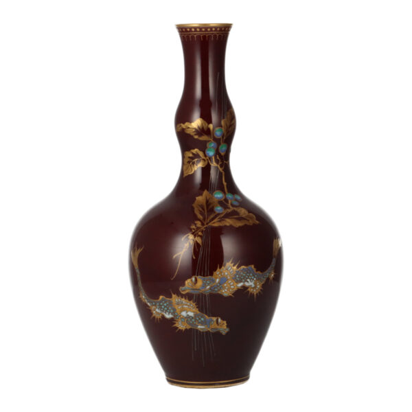 Segerporzellan-Vase mit roter Kunstglasur und japanischem Dekor in Emailletechnik, Hermann Seger, KPM Berlin um 1885