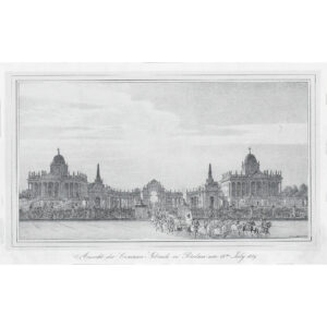 Drei äußerst seltene Porzellanbilder mit Ansichten vom Fest "Der Zauber der weißen Rose" 1829 in Potsdam: a) Preisverleihung im Grottensaal des Neuen Palais b) Ansicht der Commun-Gebäude in Potsdam am 13ten July 1829. c) Ansicht des neuen Palais in Potsdam am 13ten July 1829. Entwurf Eduard Gaertner 1829 (b und c), bzw. wohl Heinrich Stürmer (a) Ausführung Königliche Porzellan-Manufaktur Berlin 1832; Geschenke des preußischen Königs Friedrich Wilhelm III. an seine jüngste Tochter Luise Prinzessin der Niederlande